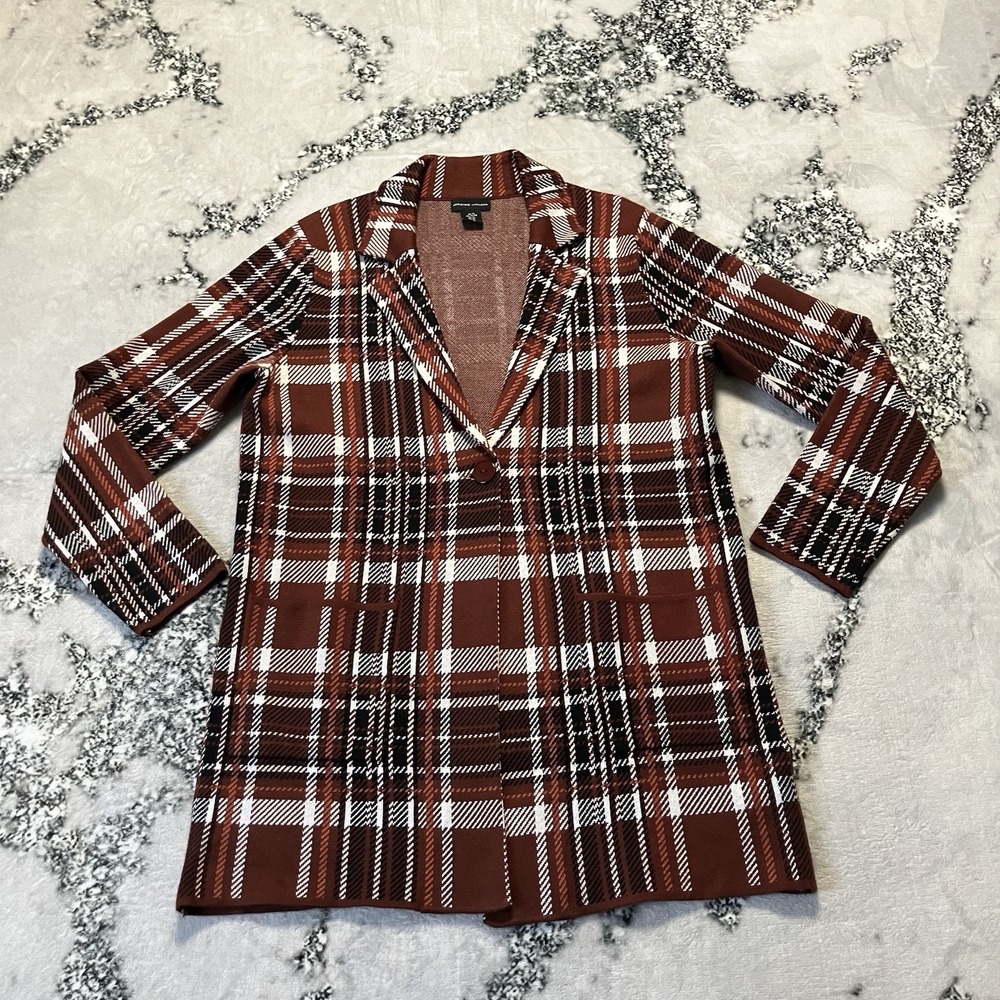 Adrienne Vittadini Sweater Womens Sz XL Multicolor Plaid Cardigan Mid Length